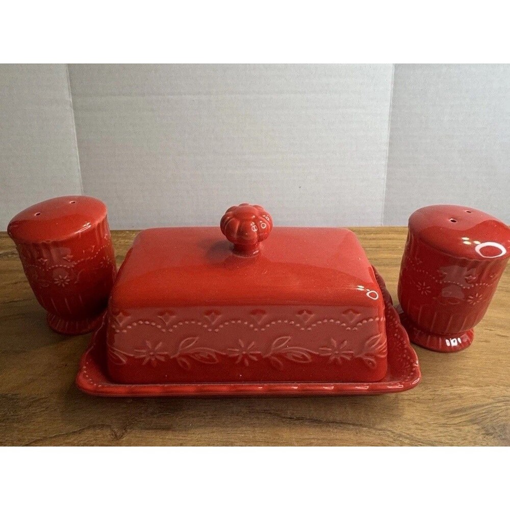 3 Pioneer Woman Toni Red Covered Butter Dish, Salt & Pepper Shakers